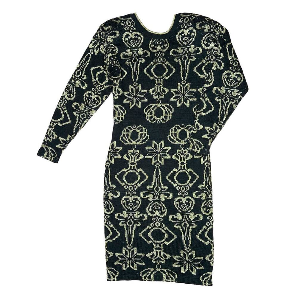 Vtg 80s Outlander Metallic Gold Knit Sweater Dress XS Bodycon Deep V Back Wool